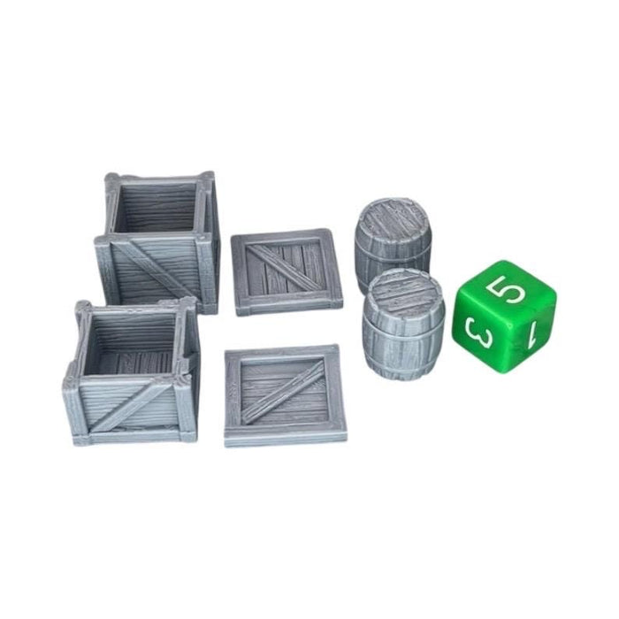Crates with Lids and Barrels, Dungeons and Dragons DnD Scatter Terrain Mini 32mm Lot